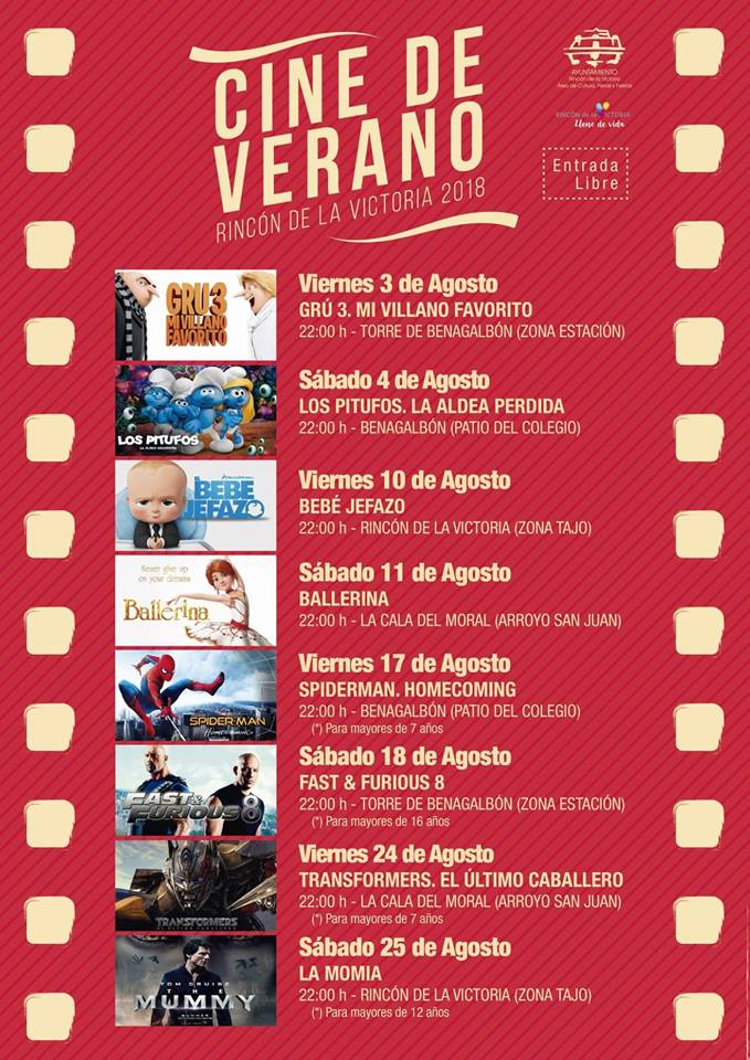 Cine de verano 2018 gratis en Rincón de la Victoria con películas infantiles y juveniles