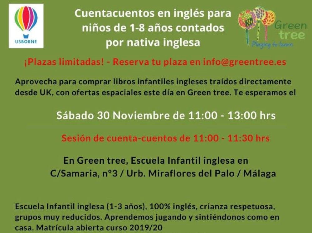 Cuentacuentos gratis en inglés para niños con Green Tree en Málaga