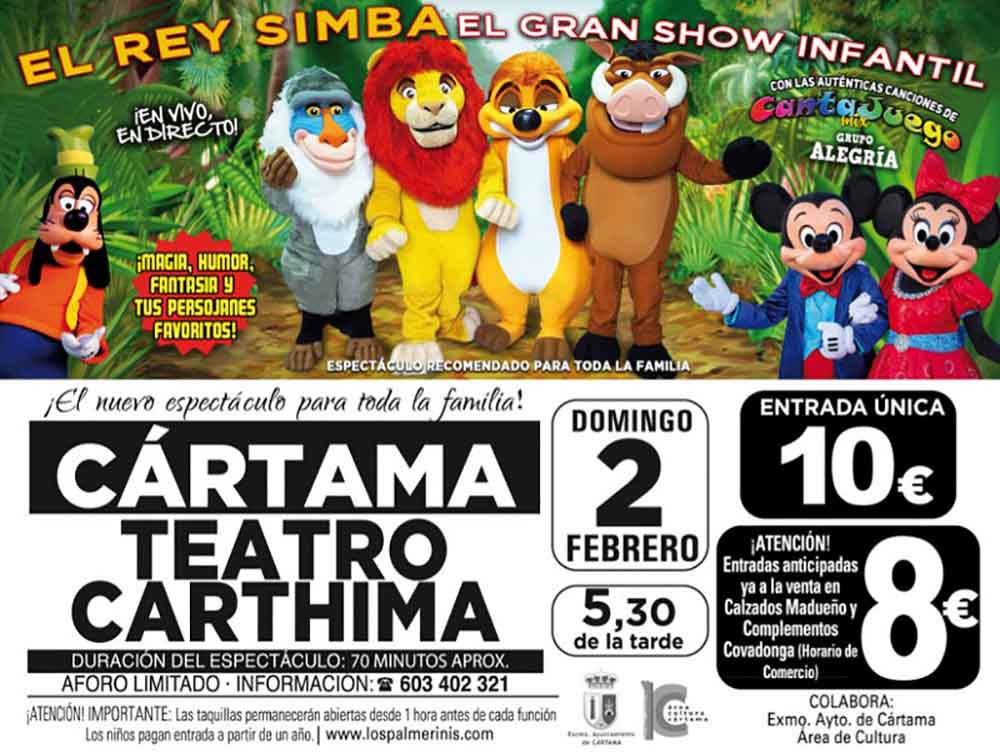 El espectáculo para niños ‘El Rey Simba’ llega este domingo a Cártama
