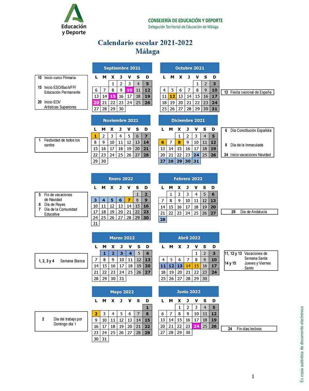 Calendario escolar Málaga 2021-2022
