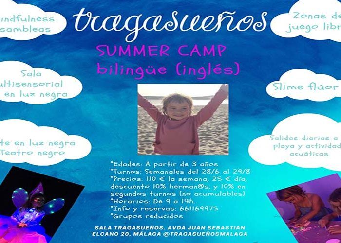 Campamento de verano bilingüe en sala Tragasueños (Málaga) con teatro, mindfulness y actividades acuáticas
