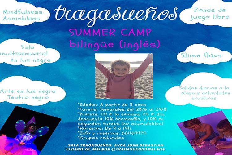 Campamento de verano bilingüe en sala Tragasueños (Málaga) con teatro de luz negra y actividades acuáticas