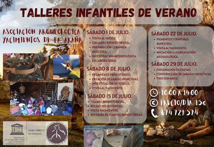 Niñas y niños pueden disfrutar también este verano de los originales y divertidos talleres infantiles que organiza en periodos vacacionales la asociación Complejo Humo en los Yacimientos Arqueológicos de La Araña (Málaga).