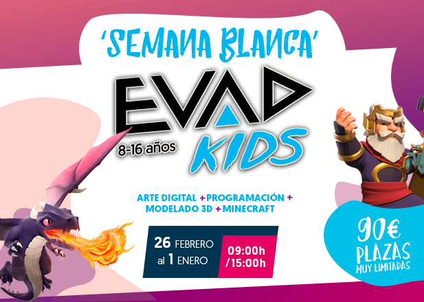 La Escuela Superior de Videojuegos y Arte Digital (EVAD) ofrece un plan perfecto para que los niños y niñas se diviertan esta Semana Blanca aprendiendo: ‘arte digital’, ‘diseño de juego’, ‘modelado 3D’ y ‘programación’.